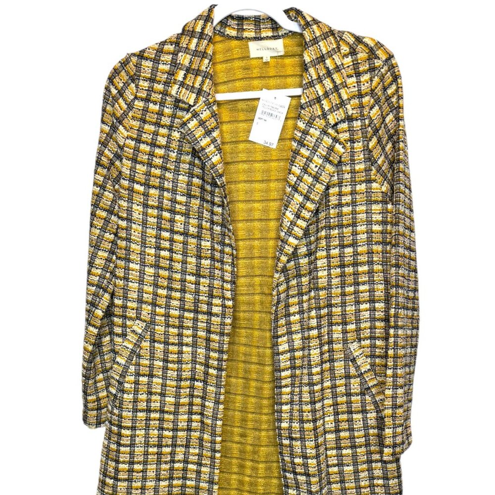 Melloday Jacket Plaid Yellow Black Tweed Open Front Notch Lapel Size Small